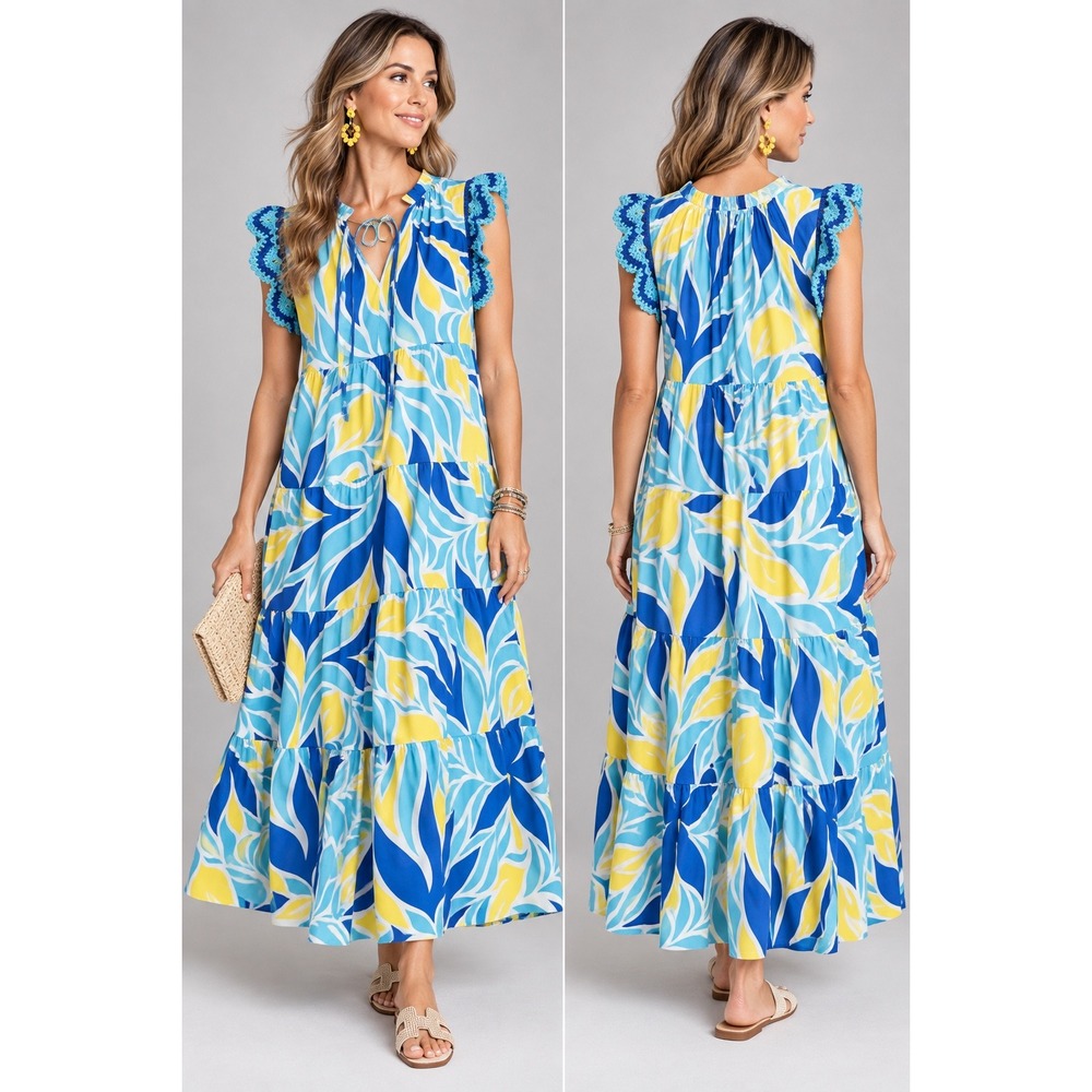 Umgee Womens Blue Yellow Abstract Print Tiered Maxi Dress Crochet Trim Small